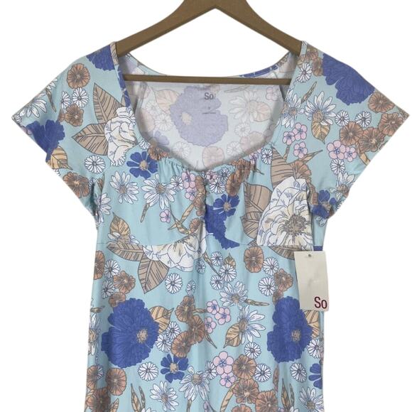 NWT SO Babydoll Mini Dress Womens S Light Blue Floral Boho Stretch Cottagecore - Picture 2 of 6